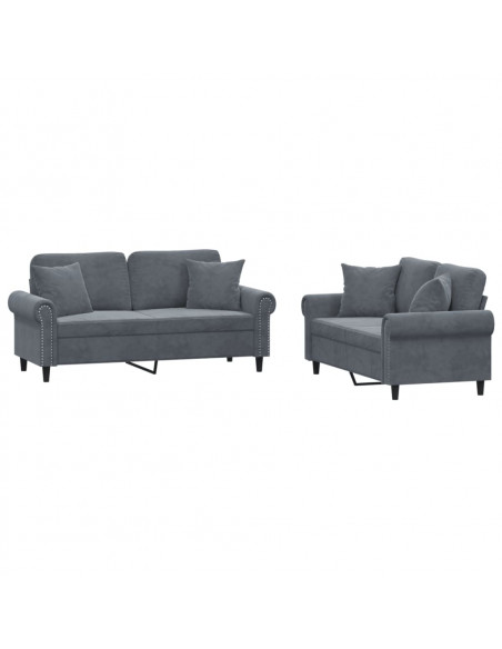 Set di Divani 2 pz con Cuscini Grigio Scuro in Velluto