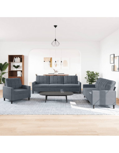 Set di Divani 3 pz con Cuscini Grigio Scuro in Velluto