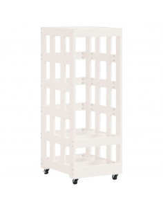 Portalegna con Ruote Bianco 40x49x110 cm Legno Massello di Pino 2