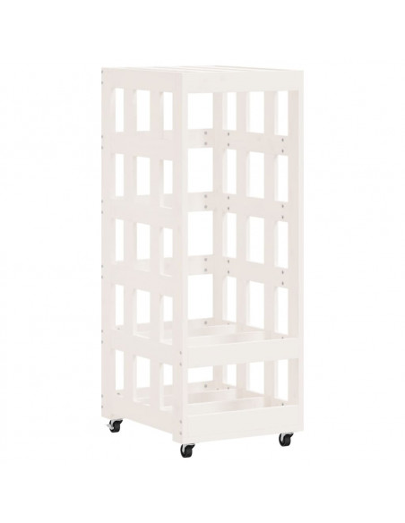 Portalegna con Ruote Bianco 40x49x110 cm Legno Massello di Pino