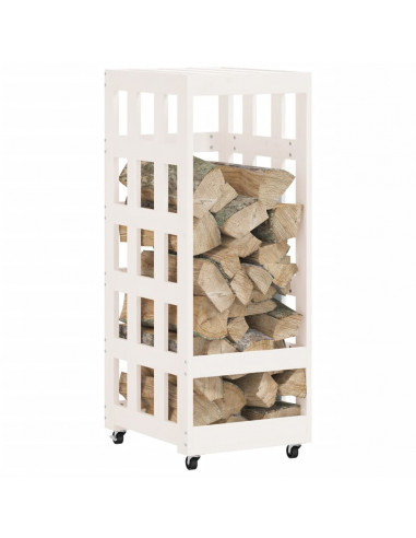 Portalegna con Ruote Bianco 40x49x110 cm Legno Massello di Pino