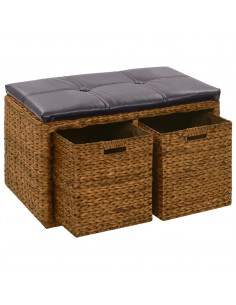 Panca in Giunco con 2 Ceste 71x40x42 cm Marrone 2