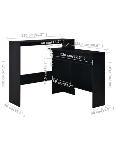 Tavolo da Bar con 2 Piani d'Appoggio Nero 130x40x120 cm