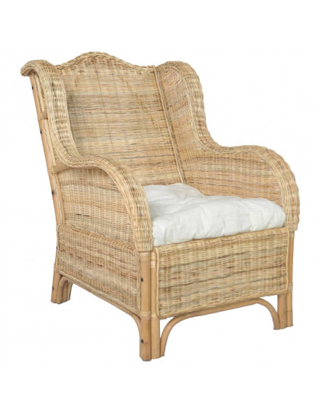 Poltrona con Cuscino in Rattan Naturale e Lino