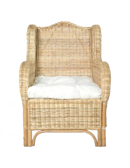 Poltrona con Cuscino in Rattan Naturale e Lino