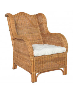 Poltrona con Cuscino Marrone Chiaro in Rattan Naturale e Lino 2