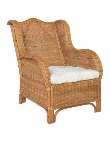 Poltrona con Cuscino Marrone Chiaro in Rattan Naturale e Lino