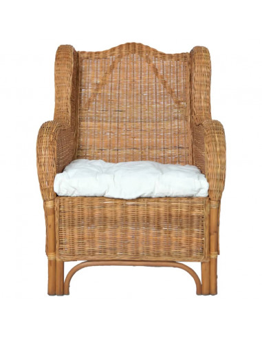 Poltrona con Cuscino Marrone Chiaro in Rattan Naturale e Lino