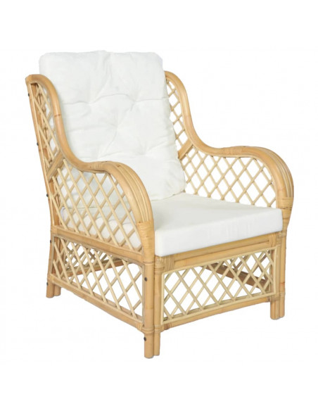 Poltrona con Cuscino in Rattan Naturale e Lino