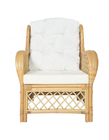 Poltrona con Cuscino in Rattan Naturale e Lino