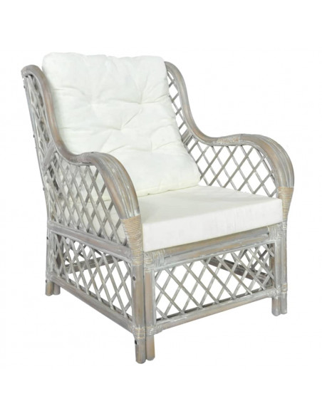 Poltrona con Cuscino Grigio in Rattan Naturale e Lino