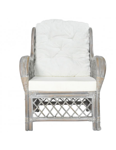 Poltrona con Cuscino Grigio in Rattan Naturale e Lino