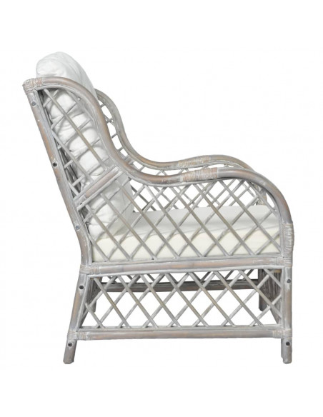 Poltrona con Cuscino Grigio in Rattan Naturale e Lino