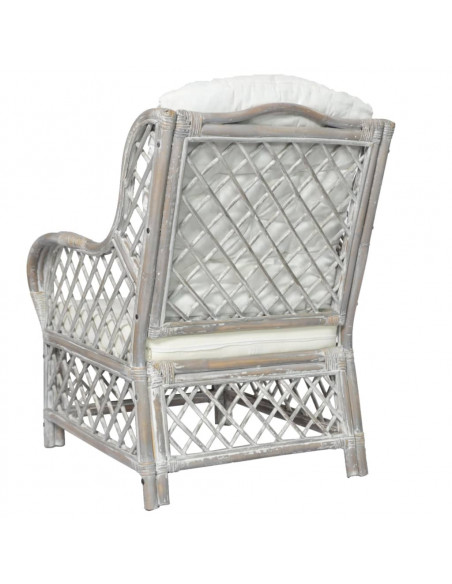 Poltrona con Cuscino Grigio in Rattan Naturale e Lino