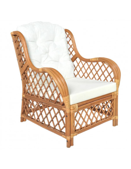 Poltrona con Cuscino Marrone Chiaro in Rattan Naturale e Lino