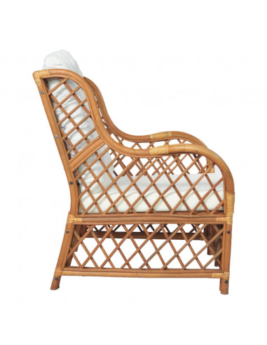 Poltrona con Cuscino Marrone Chiaro in Rattan Naturale e Lino