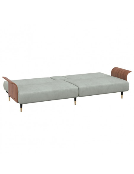 Divano Letto con Portabicchieri in Velluto Grigio Chiaro