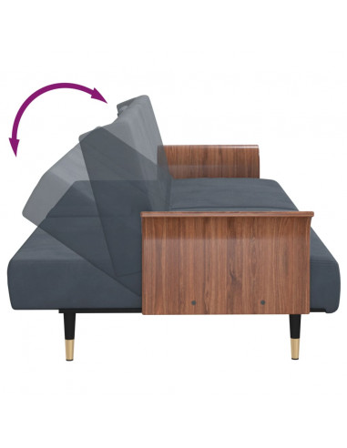 Divano Letto con Portabicchieri in Velluto Grigio Scuro