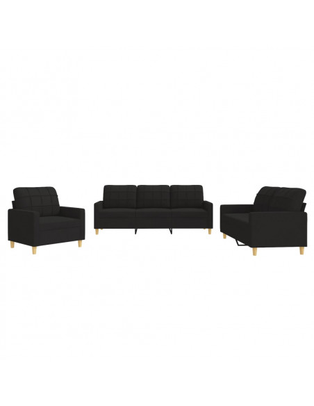 Set di Divani 3 pz con Cuscini Nero in Tessuto