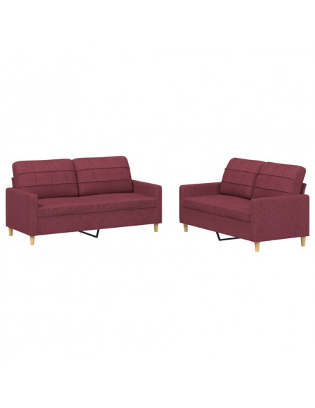 Set di Divani 2 pz con Cuscini Rosso Vino in Tessuto