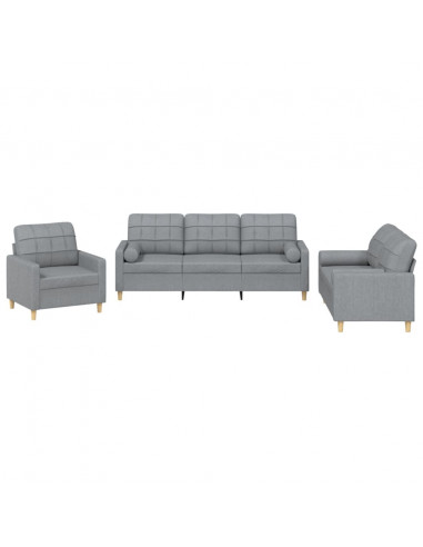 Set Divani 3 pz con Cuscini Grigio Chiaro in Tessuto