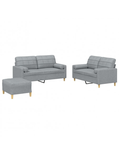 Set Divani 3 pz con Cuscini Grigio Chiaro in Tessuto