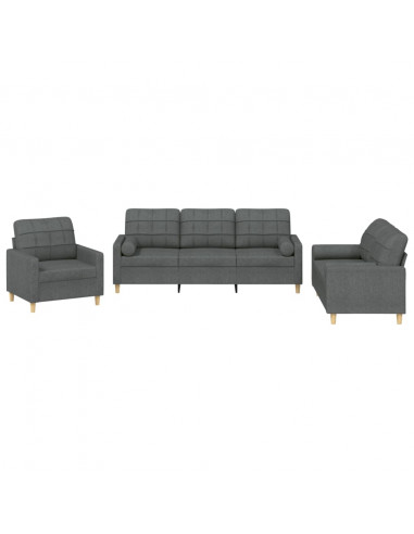 Set di Divani 3 pz con Cuscini Grigio Scuro in Tessuto