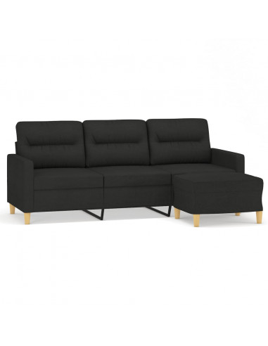 Divano a 3 Posti con Poggiapiedi Nero 180 cm in Tessuto