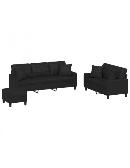 Set di Divani 3 pz con Cuscini Nero in Similpelle
