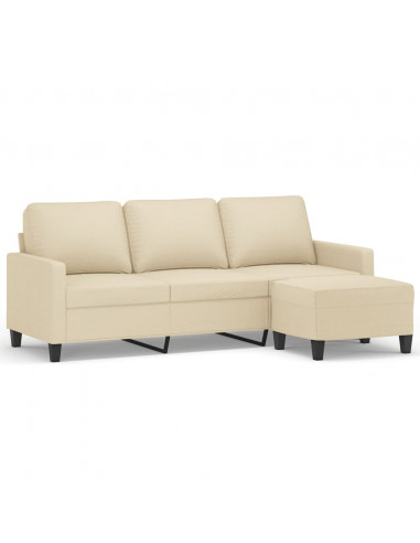 Divano a 3 Posti con Poggiapiedi Crema 180 cm in Tessuto