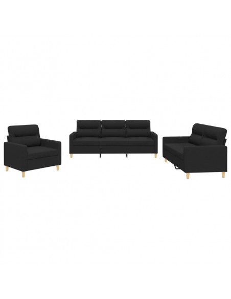 Set di Divani 3 pz con Cuscini Nero in Tessuto