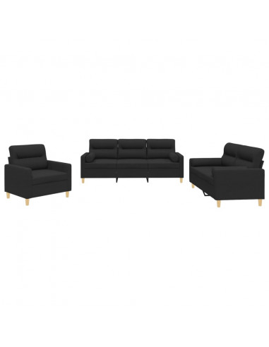 Set Divani 3 pz con Cuscini Nero in Tessuto