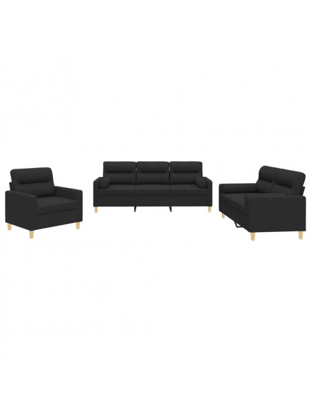 Set Divani 3 pz con Cuscini Nero in Tessuto