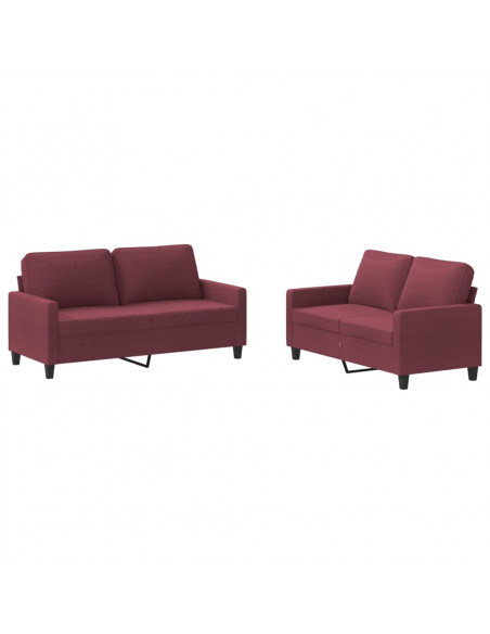 Set di Divani 2 pz con Cuscini Rosso Vino in Tessuto