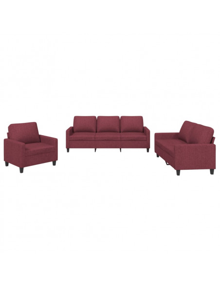 Set di Divani 3 pz con Cuscini Rosso Vino in Tessuto