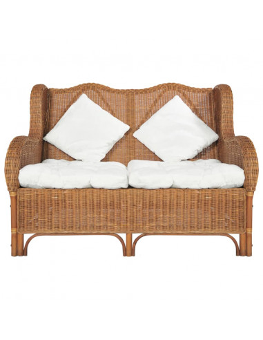 Divano a 2 Posti Marrone Chiaro in Rattan Naturale e Lino