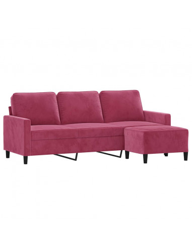 Divano a 3 Posti con Poggiapiedi Rosso Vino 180 cm in Velluto