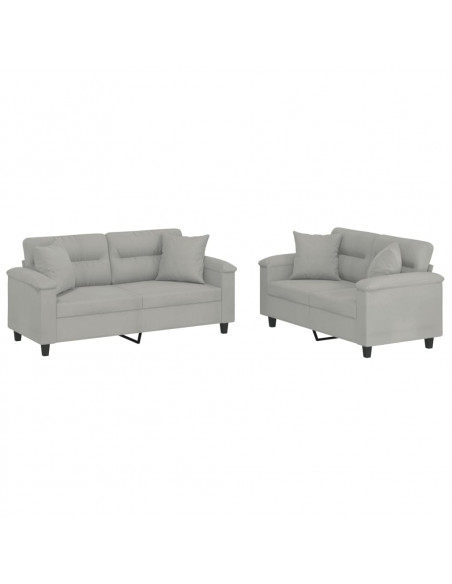 Set Divani 2 pz con Cuscini Grigio Chiaro in Tessuto Microfibra