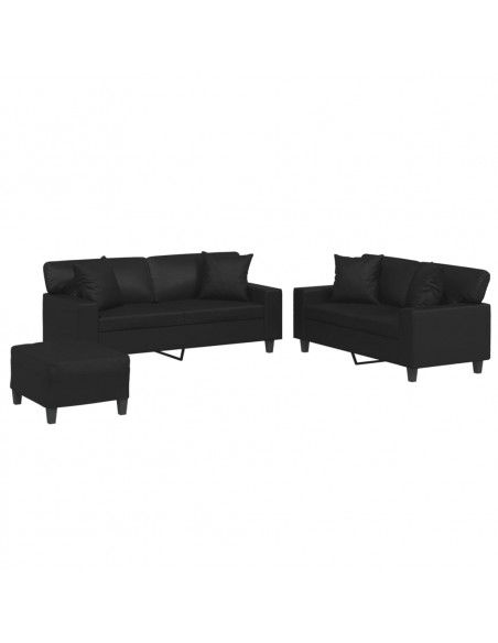 Set di Divani 3 pz con Cuscini Nero in Similpelle