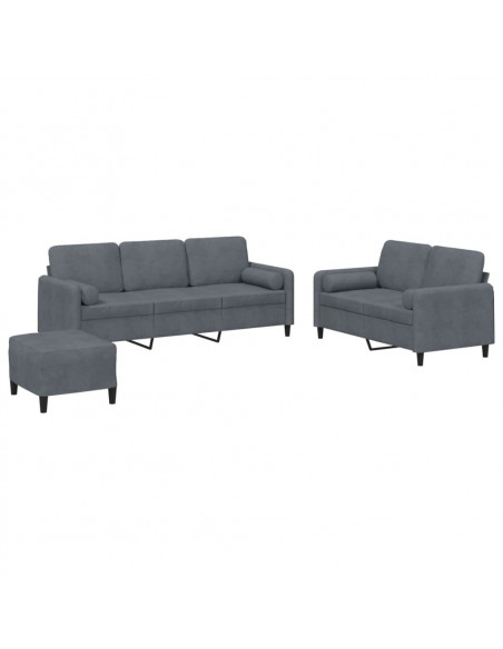 Set di Divani 3 pz con Cuscini Grigio Scuro in Velluto