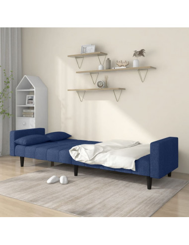 Divano Letto a 2 Posti con 2 Cuscini Blu in Tessuto