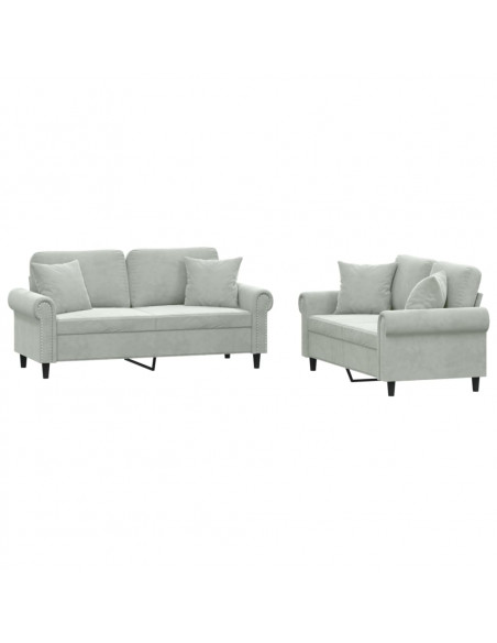Set di Divani 2 pz con Cuscini Grigio Chiaro in Velluto