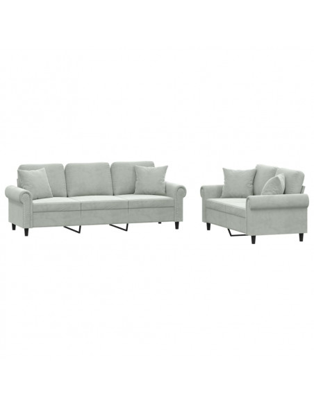 Set di Divani 2 pz con Cuscini Grigio Chiaro in Velluto