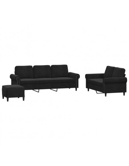 Set di Divani 3 pz con Cuscini Nero in Velluto