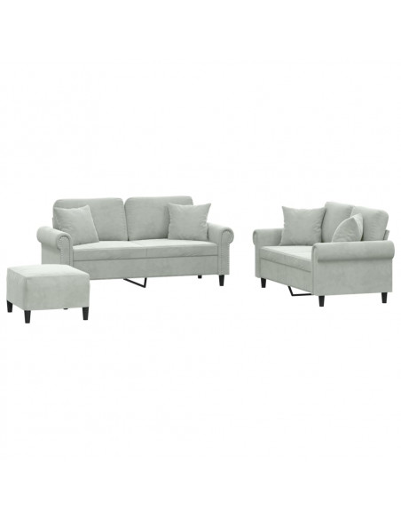 Set di Divani 3 pz con Cuscini Grigio Chiaro in Velluto
