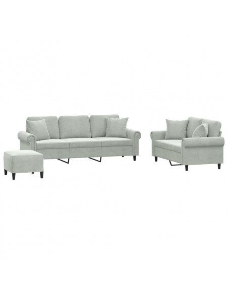 Set di Divani 3 pz con Cuscini Grigio Chiaro in Velluto