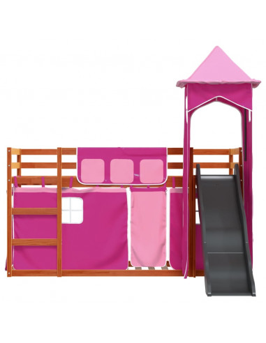 Letto a Castello con Scivolo e Tende Rosa 90x200 cm