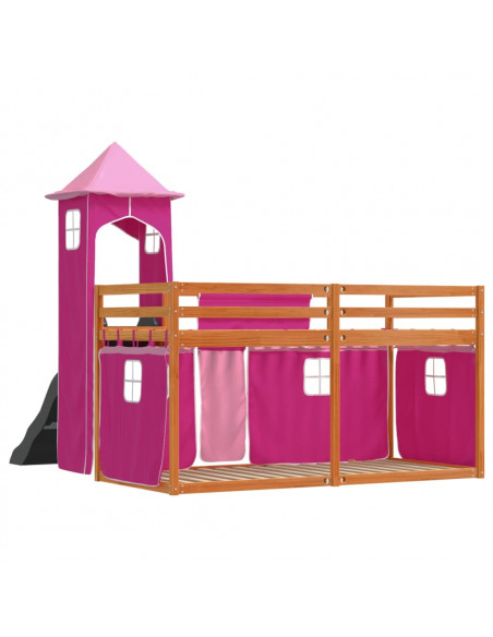 Letto a Castello con Scivolo e Tende Rosa 90x200 cm