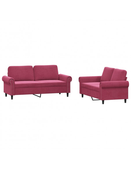 Set di Divani 2 pz con Cuscini Rosso Vino in Velluto