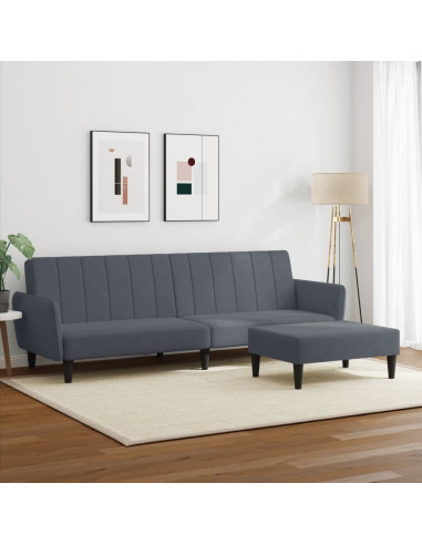 Divano Letto 2 Posti con Poggiapiedi Grigio Scuro in Velluto